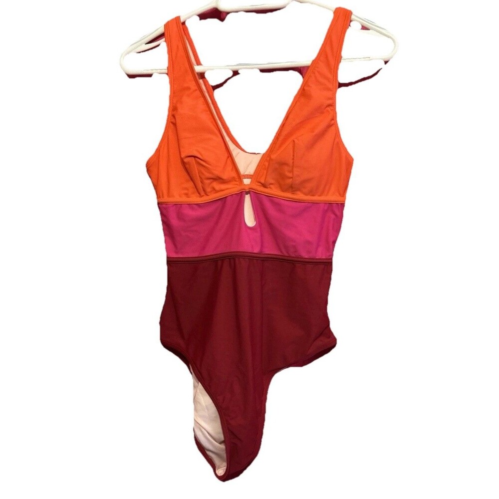 #8519 WOMENS ORANGE PINK ONE PIECE HIGH CUT BATHING SUIT SIZE M